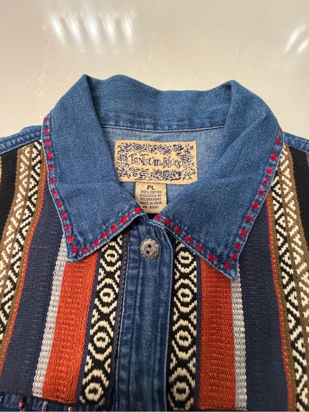 Vintage Southwestern Tantrum Blues Denim Beaded Vest w/ Multicolor Aztec Yoke PL - Picture 10 of 16